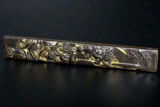 BWO20 Japanese Antique copper kozuka plate Oni (ogre) and Musha pattern sword 2