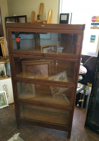 Antique Turn Of The Century Lundstrom Oak Barrister 4 Section Bookcase