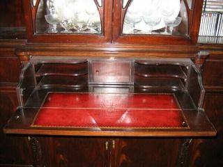 Vintage two - piece 1940s mahogany Breakfront with writing desk,  bubble glass 2