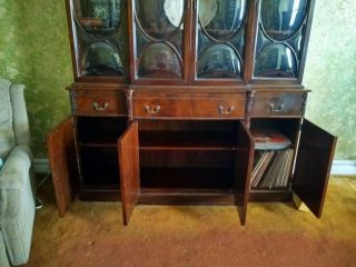 Vintage two - piece 1940s mahogany Breakfront with writing desk,  bubble glass 3