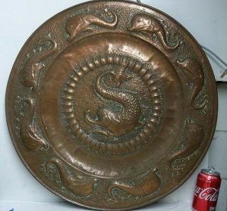 HUGE ARTS & CRAFTS COPPER CHARGER WITH FISH DESIGN - NEWLYN COPPER INTEREST RARE 2