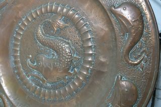 HUGE ARTS & CRAFTS COPPER CHARGER WITH FISH DESIGN - NEWLYN COPPER INTEREST RARE 7