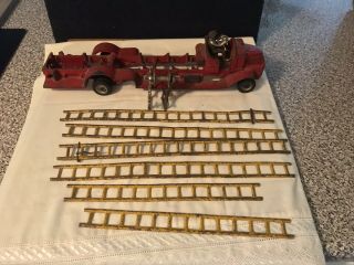 Arcade Cast Iron Mack Fire Truck 6 Ladders Ladder Rack & Hose Reel Driver RARE 12