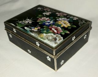 Vtg Antique Japanese Enamel Cloisonné Meiji Box Cherry Blossom Iris On Black 2