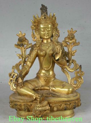 8.  6 " Old Tibet Copper Gold Buddhism Green Tara Goddess Flower Statue