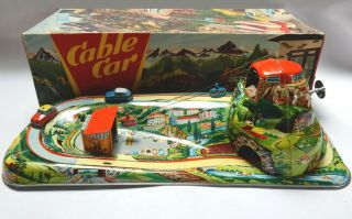 Vintage Tin Litho Wind Up Cable Cars Toy Made In Western Germany Box