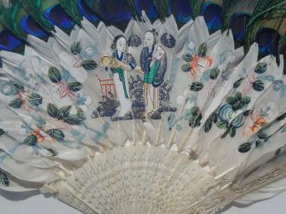 Antique 19th century Hand Fan w/ carved bone and painted feathers,  framed 11