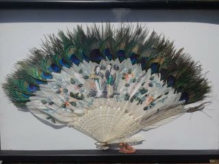 Antique 19th century Hand Fan w/ carved bone and painted feathers,  framed 12