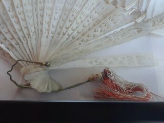 Antique 19th century Hand Fan w/ carved bone and painted feathers,  framed 3