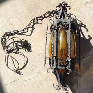 Antique Wrought Iron Yellow Caged Glass Lantern Pendant Lamp Light Goth Medieval