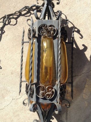 Antique Wrought Iron Yellow Caged Glass Lantern Pendant Lamp Light Goth Medieval 2