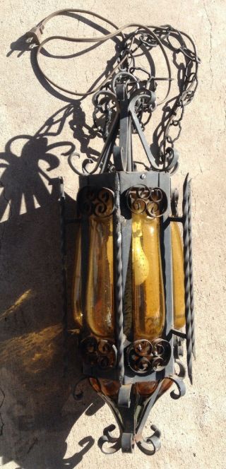 Antique Wrought Iron Yellow Caged Glass Lantern Pendant Lamp Light Goth Medieval 3