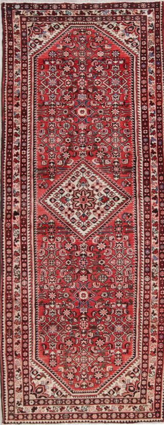 One - Of - A - Kind Traditional Hamedan Persian Hand - Knotted 4x10 Red Wool Runner Rug