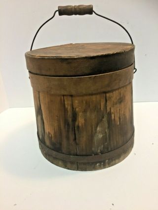 Antique Wood Bucket Pail Firkin Recipe On Lid And Wire Handle Farm Primitive