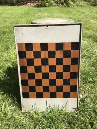 Antique Folk Art Double Sided Wooden Checkers Game Board Inlaid With Blue Paint