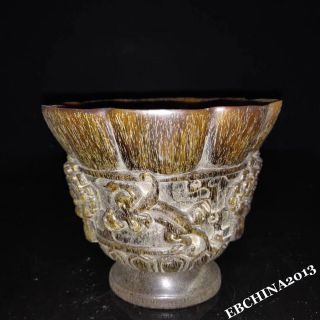 6 " Old China Ox Horn Carved Dynasty Pixiu Beast Wine Glass Drinking Cup Goble
