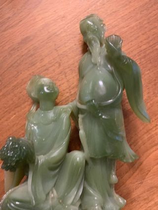 10” Chinese Old Green Faux Jade Hand - Carved Ancient Woman And Man Sculpture 10
