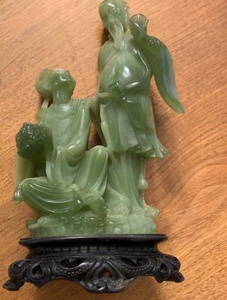 10” Chinese Old Green Faux Jade Hand - Carved Ancient Woman And Man Sculpture 11