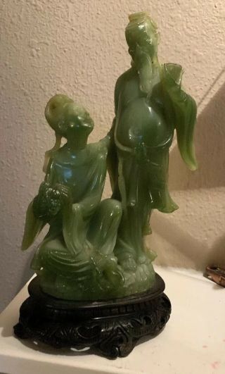 10” Chinese Old Green Faux Jade Hand - Carved Ancient Woman And Man Sculpture