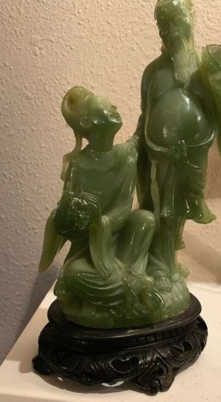 10” Chinese Old Green Faux Jade Hand - Carved Ancient Woman And Man Sculpture 2