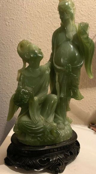10” Chinese Old Green Faux Jade Hand - Carved Ancient Woman And Man Sculpture 3
