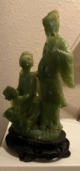 10” Chinese Old Green Faux Jade Hand - Carved Ancient Woman And Man Sculpture 4