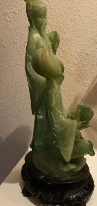 10” Chinese Old Green Faux Jade Hand - Carved Ancient Woman And Man Sculpture 7