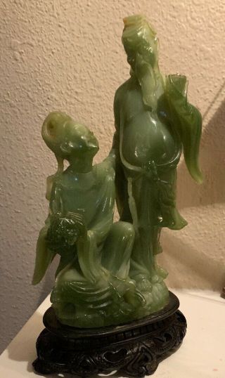 10” Chinese Old Green Faux Jade Hand - Carved Ancient Woman And Man Sculpture 8