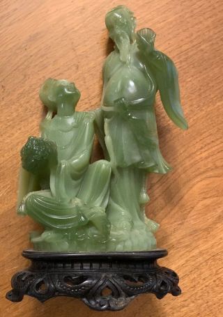 10” Chinese Old Green Faux Jade Hand - Carved Ancient Woman And Man Sculpture 9