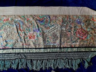 340 X 76 Cm Antique Chinese Embroidered Silk Wall Hanging Dogs Of Fo / Flowers