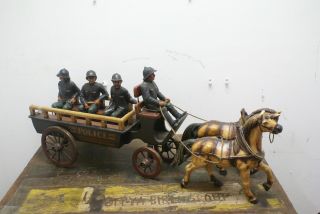 Rare Vintage Wooden Horse Drawn Police Wagon W/ 4 Police Officers