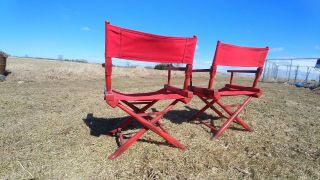 2 Vintage Gold Medal C.  F.  Mfg.  Co.  Folding Teak Wood Canvas Directors Chairs 2