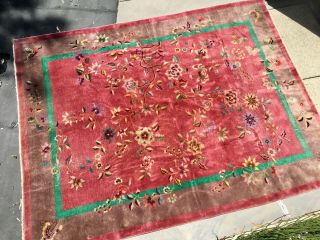 Antique Art Deco Chinese Rug - Nichols - Red & Green – 9’x11’ Wool