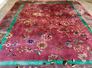Antique Art Deco Chinese Rug - Nichols - Red & Green – 9’x11’ Wool 2