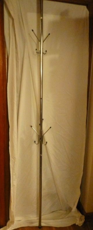 Vintage Mid Century Modern Chrome Tension Pole Coat Rack Hanger W/ Hooks 8ft