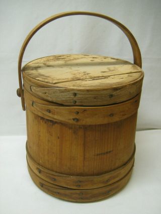 Vintage Antique Primitive Wooden Firkin Sugar Bucket With Lid & Bentwood Handle