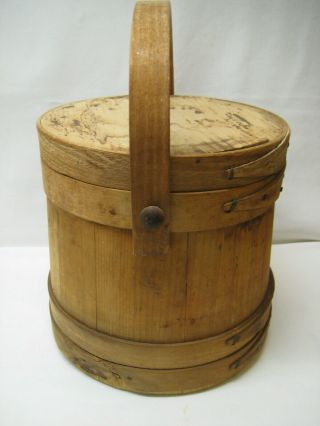 Vintage Antique Primitive Wooden Firkin Sugar Bucket with Lid & Bentwood Handle 2