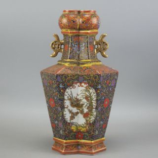 China Antique Porcelain Qing Yongzheng Famille Rose Gild Flower Bird Double Vase