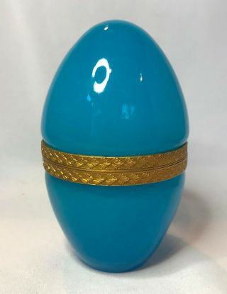 Antique French Blue Opaline Glass Egg Shaped Jewel / Casket Box