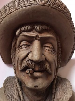 Hand Carved Wood Bust Cowboy Head Western Man Wooden Folk Art Smoking