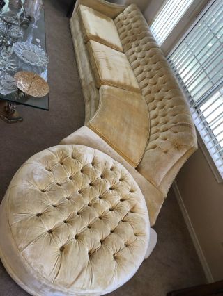 1970’s Retro Gold Tufted Sectional Couch With Large Round Ottoman.