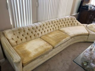 1970’s Retro Gold Tufted Sectional Couch With Large Round Ottoman. 2