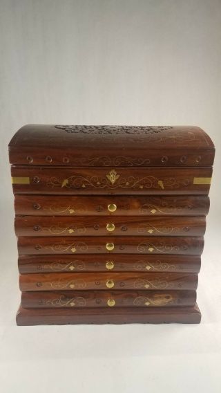 Vintage Large Hand Made Chest Carved Floral Wood Box Jewelry Box Inlaid Brass