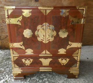 Vintage Asian Oriental Burl Wood Chest End Table Cabinet Nightstand W/ Drawers