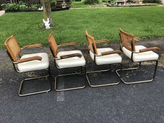 4 Vintage CESCA ARM CHAIR SET mid century modern wood dining caned white breuer 10