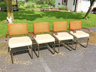 4 Vintage Cesca Arm Chair Set Mid Century Modern Wood Dining Caned White Breuer
