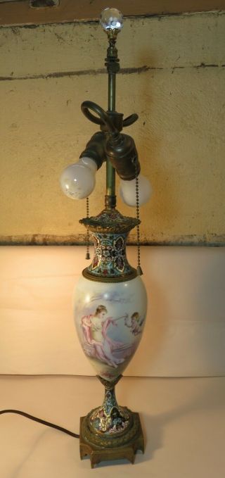 Vintage Champleve Enamel And Hand Painted Porcelain Lamp A Beauty