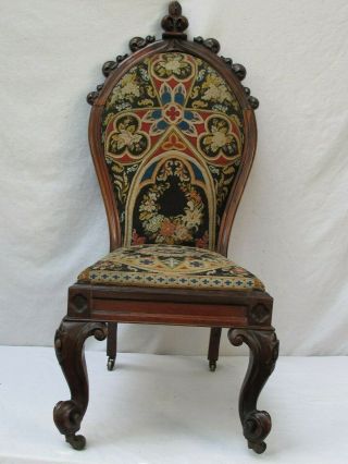 Antique Gothic Ornate Carved Side Chair Needlepoint Seat And Back Exceptional