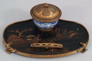 19thc Antique French Chinoiserie Coromandel Lacquer & Gilt Bronze Inkwell