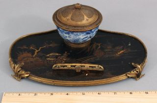 19thC Antique French Chinoiserie Coromandel Lacquer & Gilt Bronze Inkwell 2